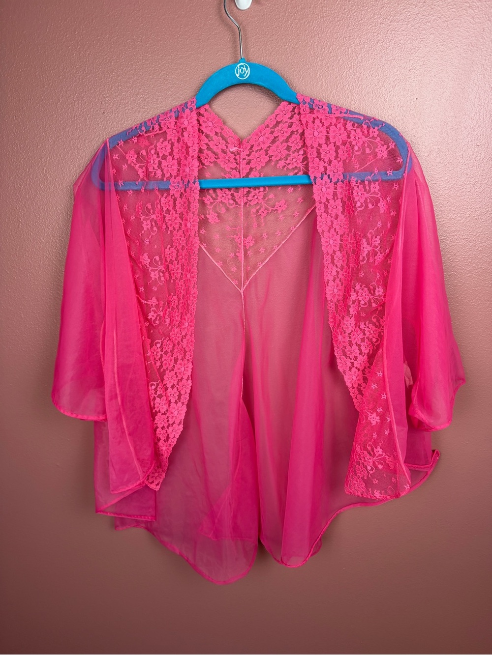 Vintage 70s Pandora Lace Kimono Robe Hot Pink Medium Short Sleeve Made in USA